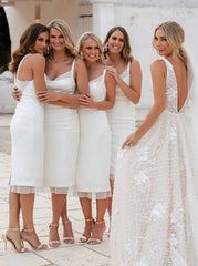 Sheath Knee Length White Bridesmaid Dress Wedding Party Dresses