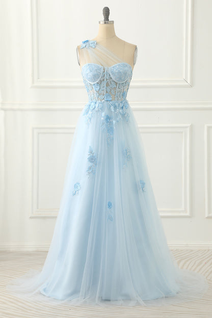 Sky Blue Tulle A Line One Shoulder Prom Dress With Appliques
