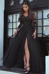Glamorous Lace Black Long Sleeve Evening Dress,Leg Split Prom Dresses