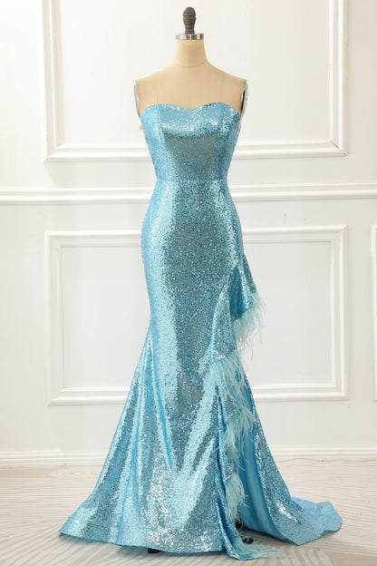 Strapless Blue Sequin Mermaid Prom Dress With Feathers