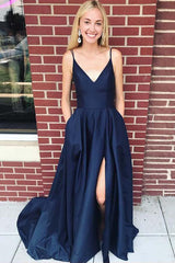 Straps Navy Blue Satin Long Prom Dress,Side Split Evening Dresses