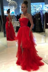 Sweetheart Backless Red Prom Dresses Tulle Ruffled Skirt
