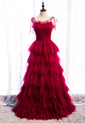 A-Line Long Spaghetti Strap Red Prom Dresses,Black Layers Tulle Evening Dress
