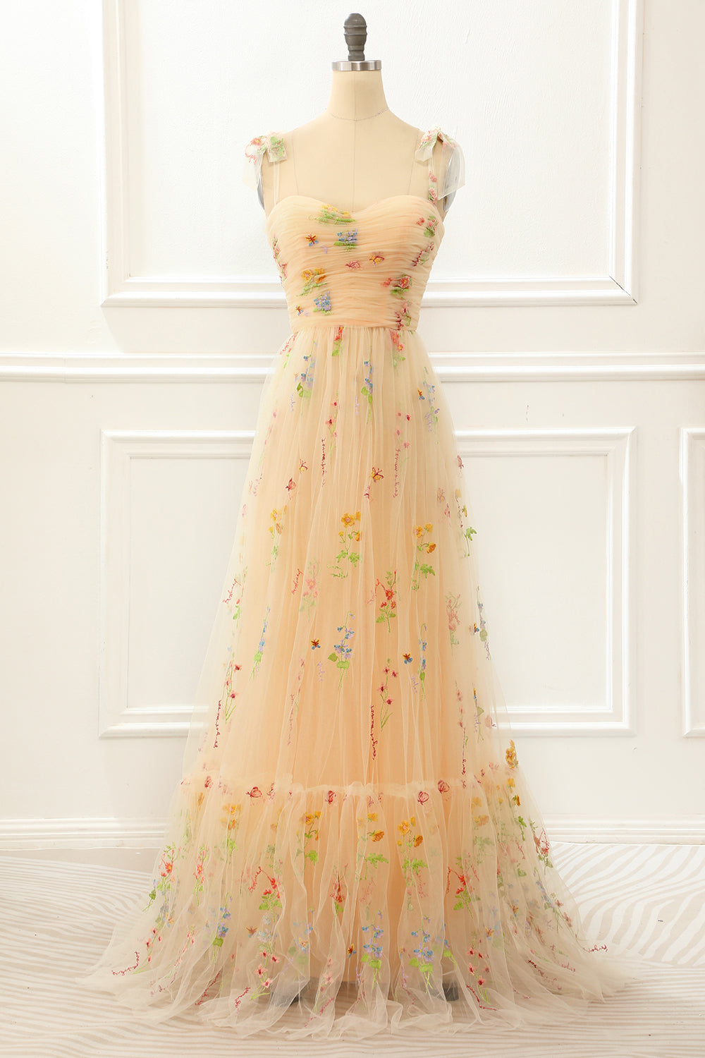 Tulle Champagne A Line Prom Dress With Embroidery