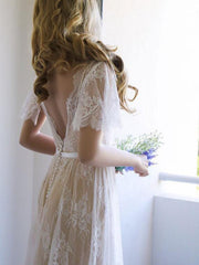 Romantic Open Back V Neck Short Sleeves Wedding Dresses
