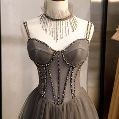 Long Grey Tulle Prom Dress Corset With Beaded Neck A Line