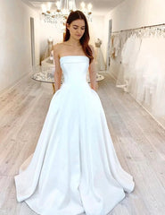 White Satin Long Wedding Dresses with Pockets,A-Line Formal Evening Dress